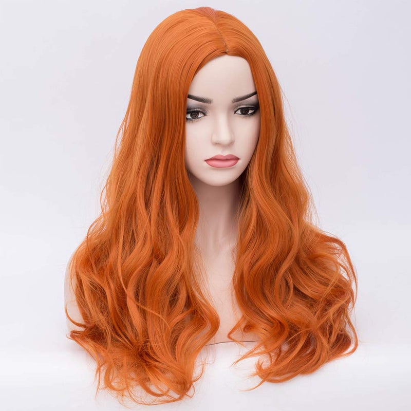 BERON Orange Wig Women Long Wavy Wig Orange Cosplay Costume Wig Center Parted Full Synthetic Wigs Wig Cap Included (Orange) - Image 3